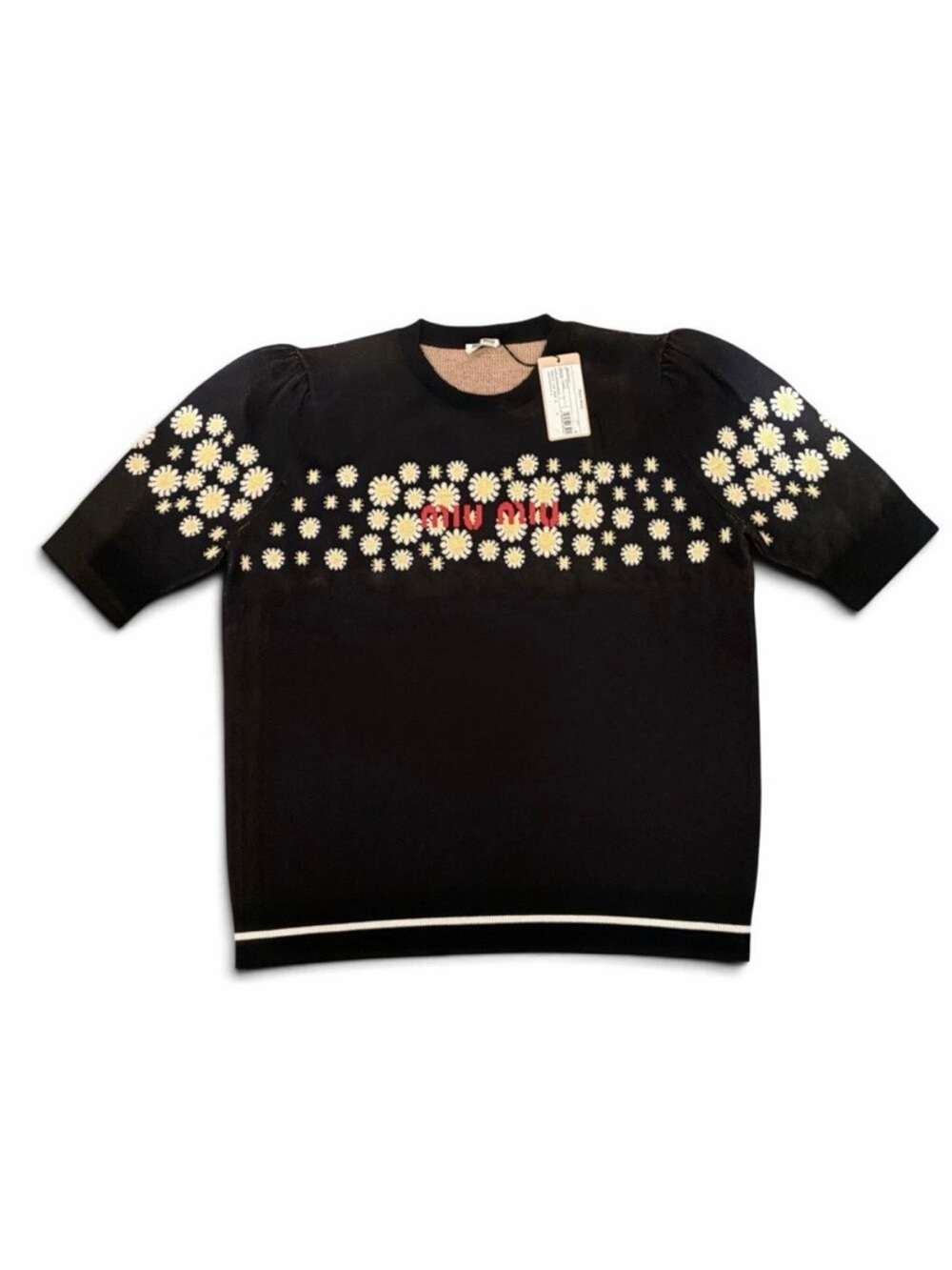 Miu Miu Navy Wool Jacquard Daisy Embroidered Crewneck Sweater Size 46 NWT
